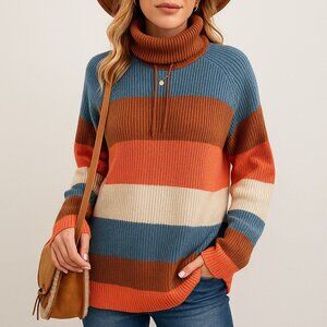 Carve Designs Womens L Striped Turtleneck Sweater Boho Fall Ribbed Knit Casual